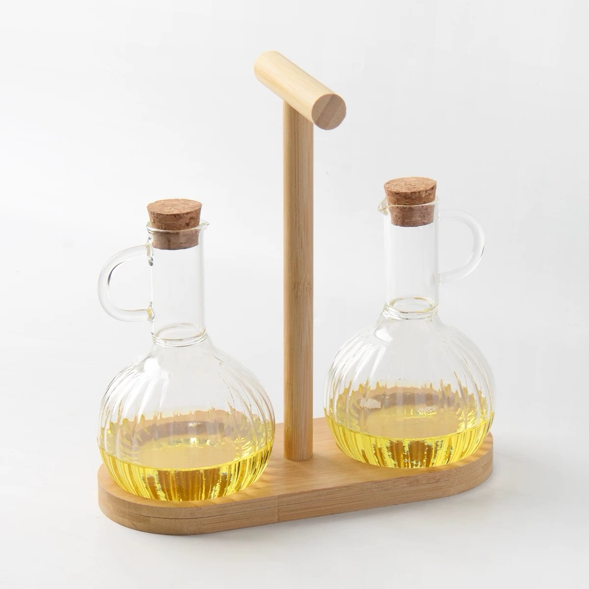 明尚德竹架高硼硅玻璃竖纹油壶双支装家用厨房油壶葡萄酒红酒酒壶