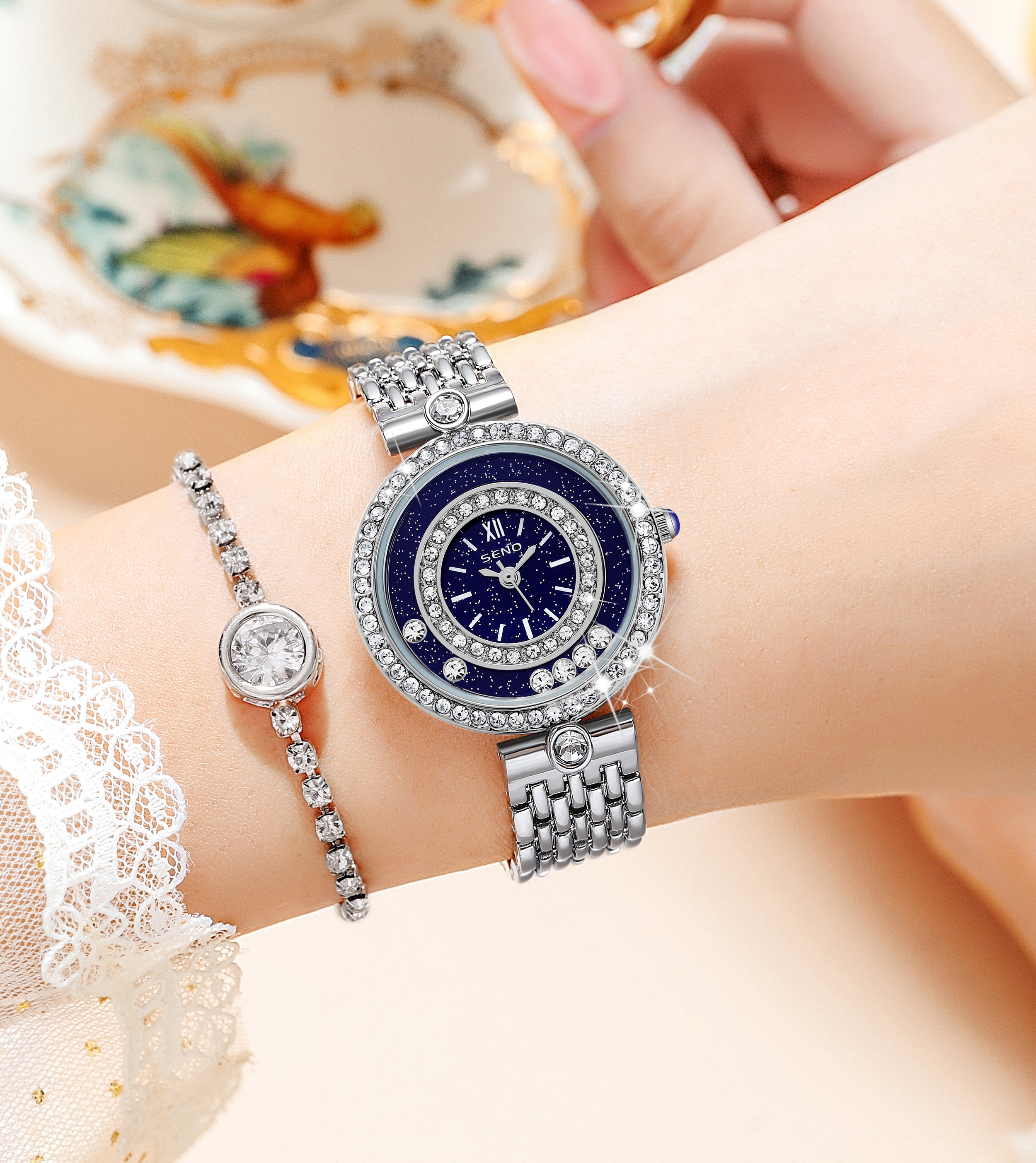 欧美时尚奢华满天星轻奢女士石英表带防水