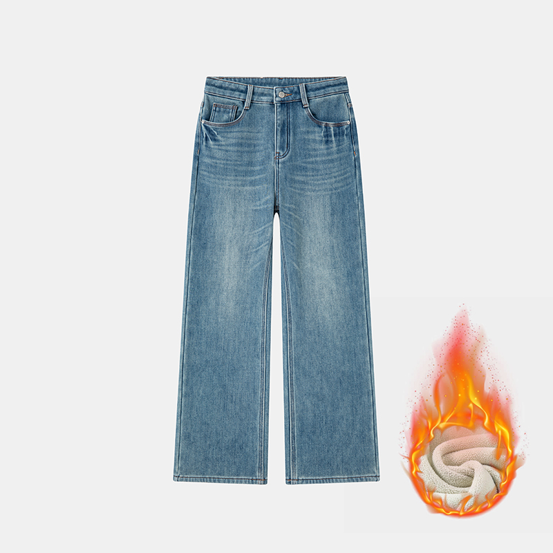 浅蓝加绒牛仔裤女2025冬季新款轻奢高腰加厚显瘦直筒阔腿裤