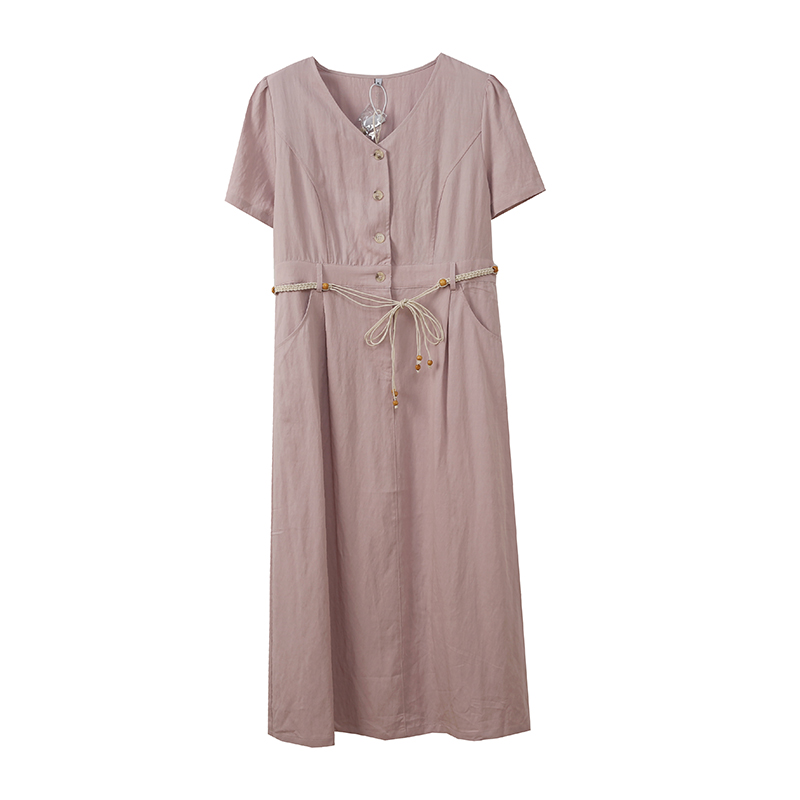 大码V领编织腰带连衣裙女2025夏季新款胖mm收腰中长裙262584