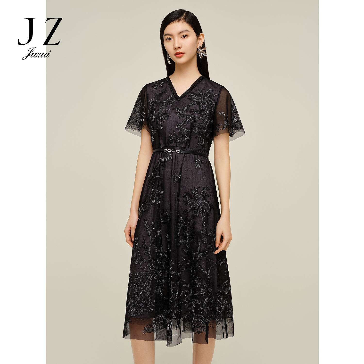 【丽公主专属】JZ玖姿商场同款JWDX50007轻熟刺绣网纱收腰连衣裙女2