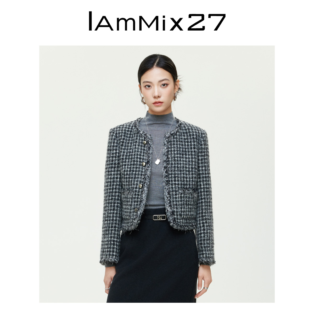 Iammix27格纹纯色女士短外套M4D3011