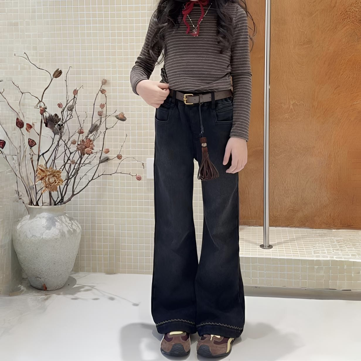 &苏珊&新款m秋冬款9108加绒喇叭裤牛仔裤潮酷软糯