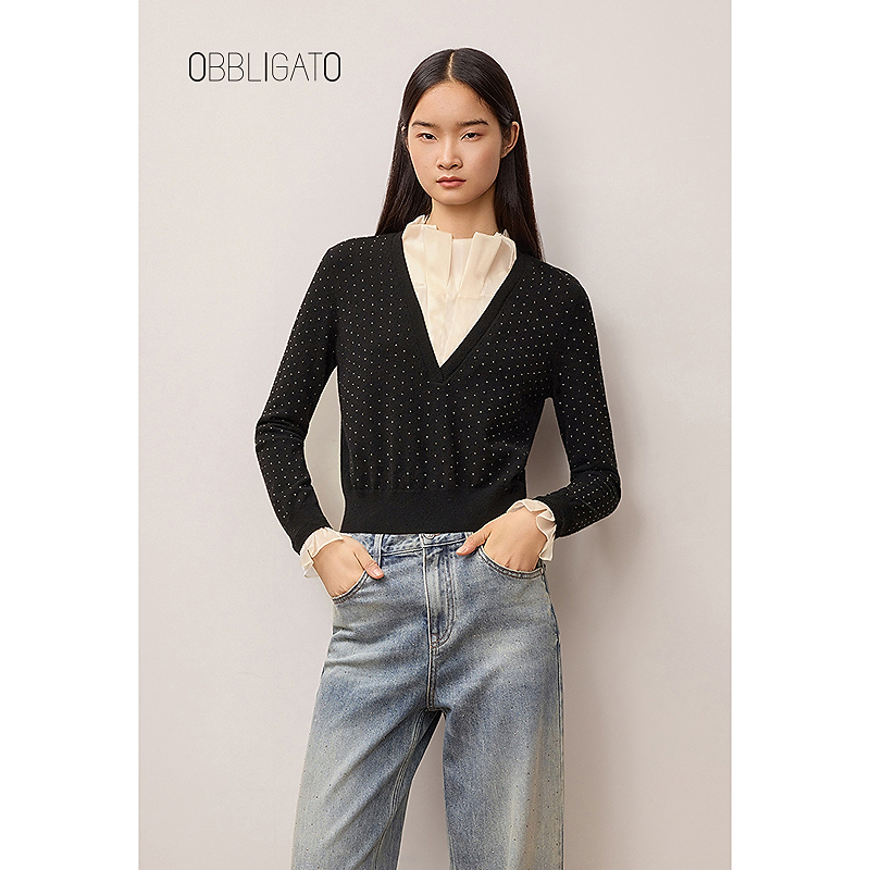 OBBLIGATO奥丽嘉朵1C35506140专选2025冬季新款针织毛衫拼接上衣