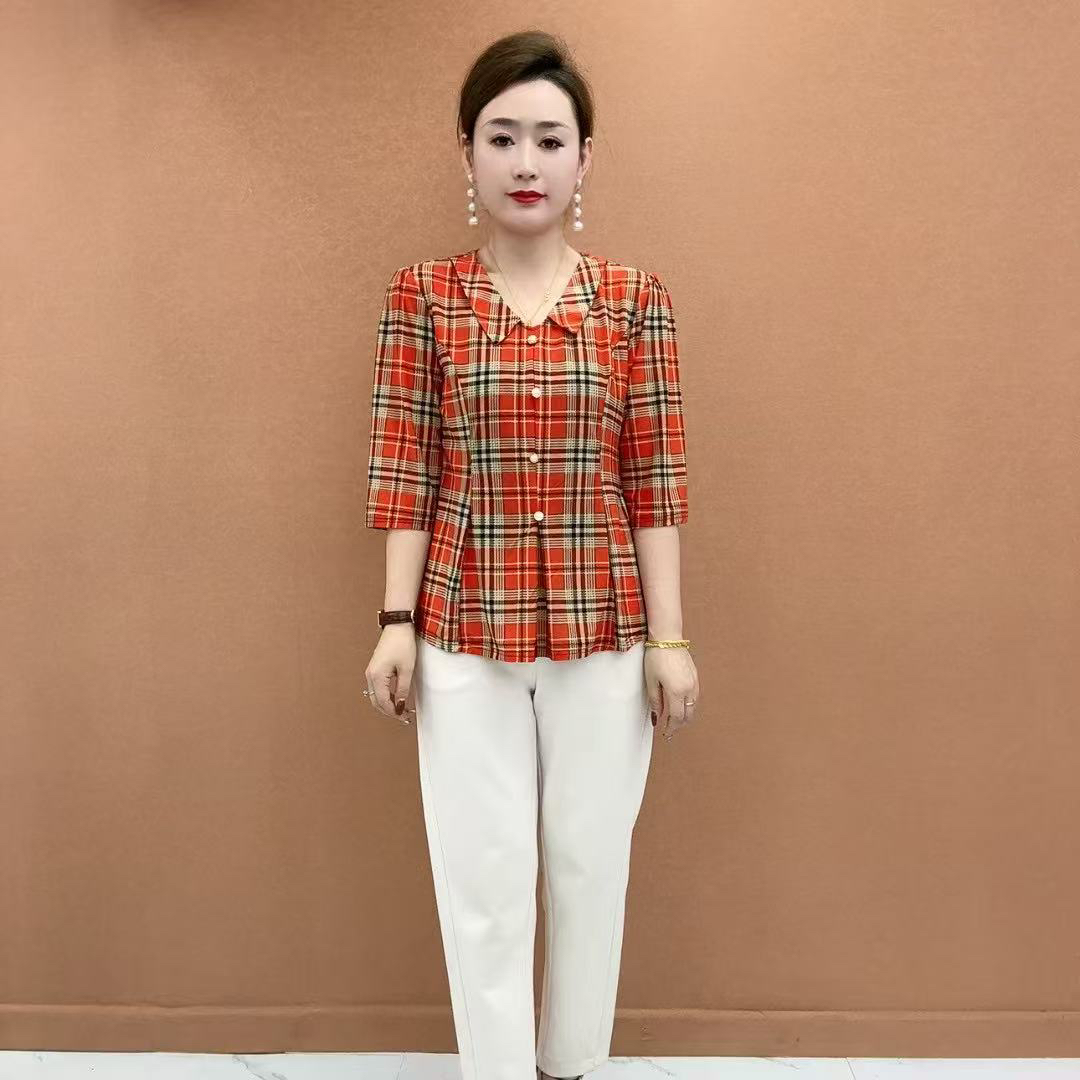 显瘦七分袖宽松型夏季娃娃领T恤洋气印花妈妈装常规修身