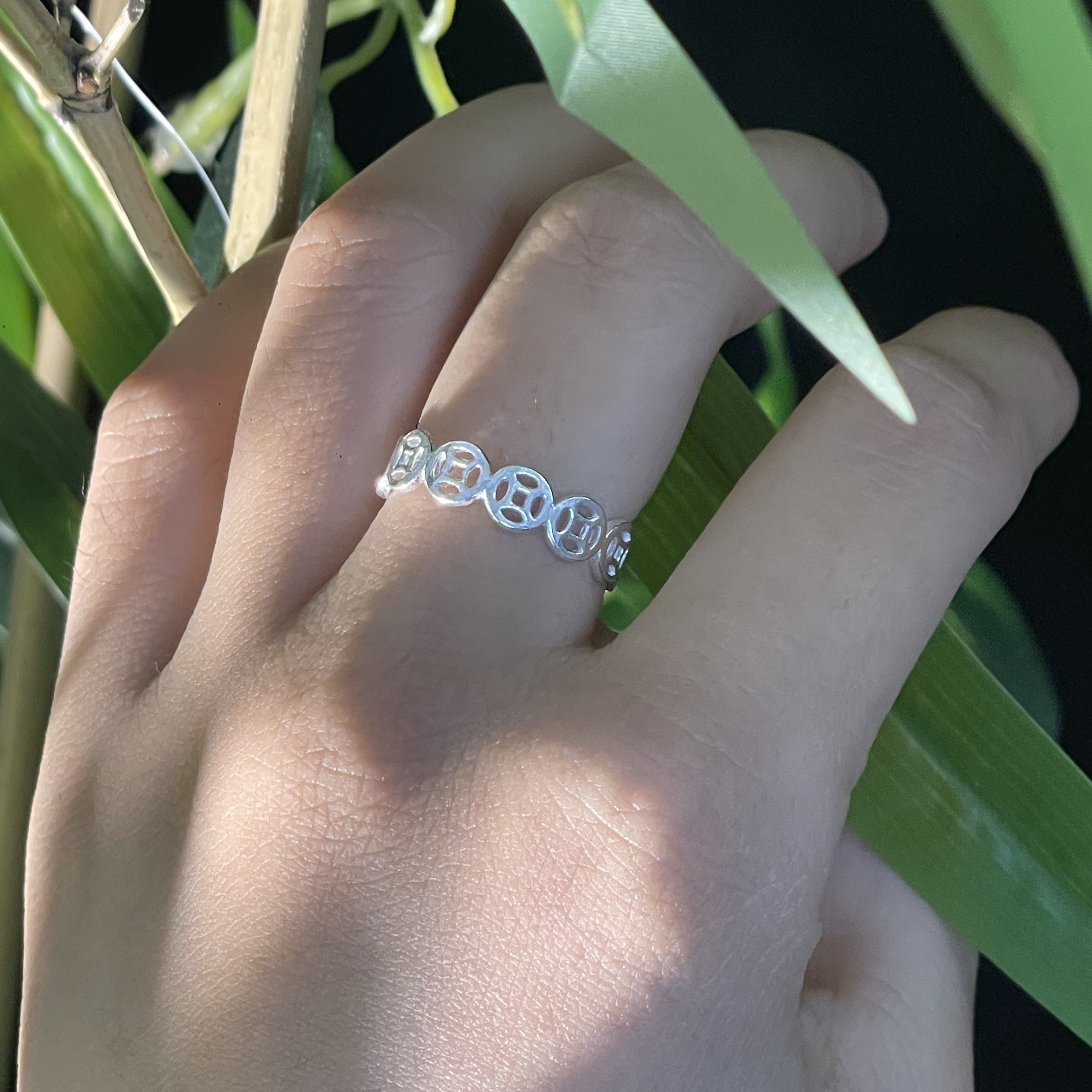 足银戒指 佬银匠  纯手工足银11枚五帝钱活口戒指时尚小众银戒