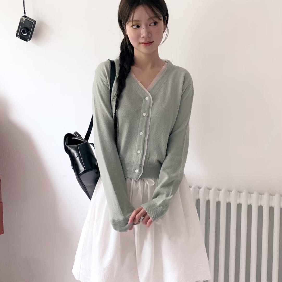 【橘子家】东大门-V领薄款蕾丝边瘦短款纯色开衫毛针织衫女温柔