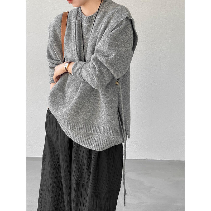 宽松8916穿不规则套头马甲设计感叠上衣J两件套女韩系针织