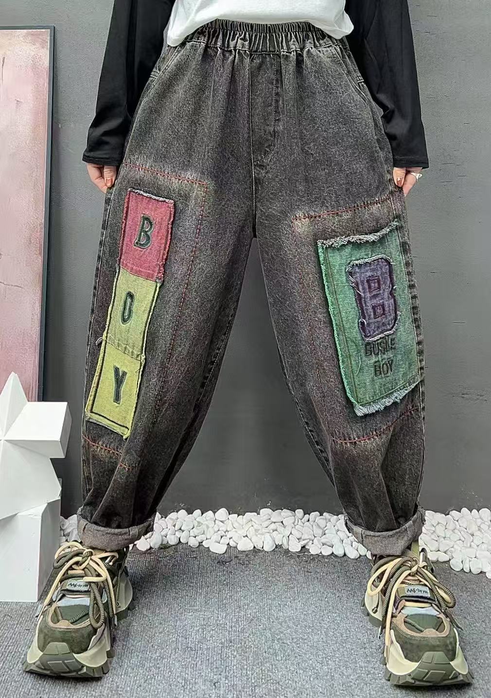 秋季女装新款宽松显瘦撞色贴布字母B水洗牛仔裤休闲减龄哈伦裤女