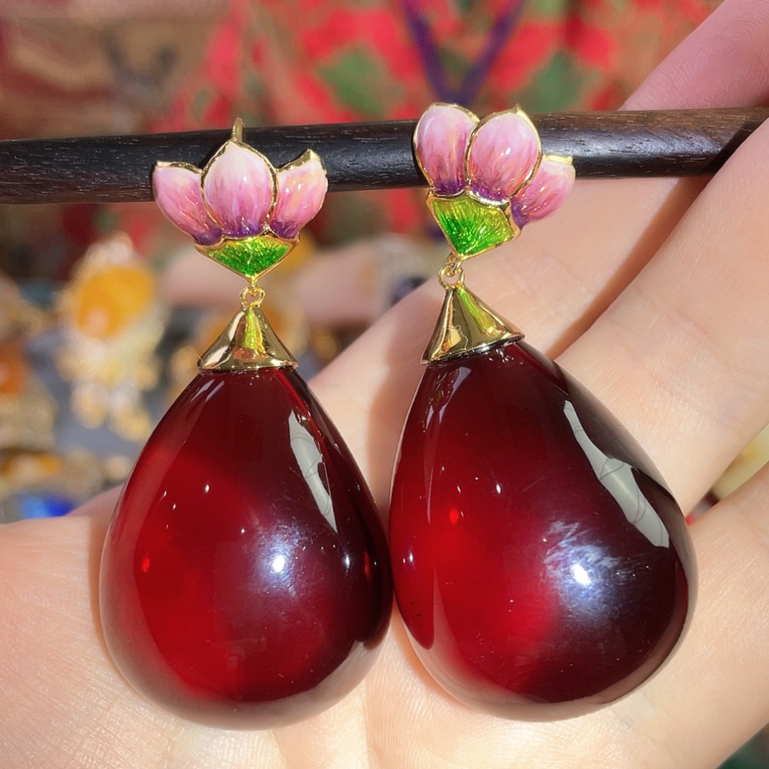 血珀耳环银S925镀金镶嵌27克