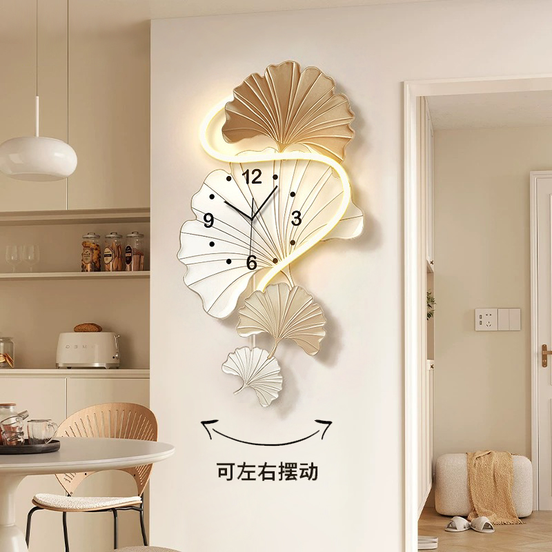 奶油风挂钟客厅2026新款装饰画银杏叶创意时钟静音摇摆钟表挂画