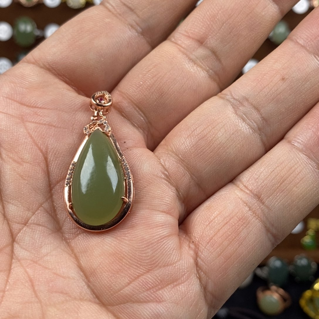 和田玉（青白玉）戒指银S925镀金镶嵌