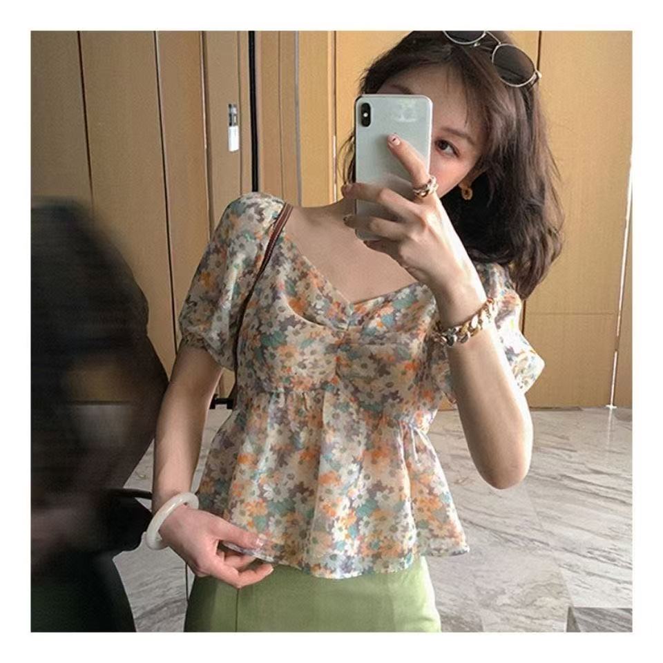 1444 GZE法式复古小心机碎花短款裙摆长袖衬衫