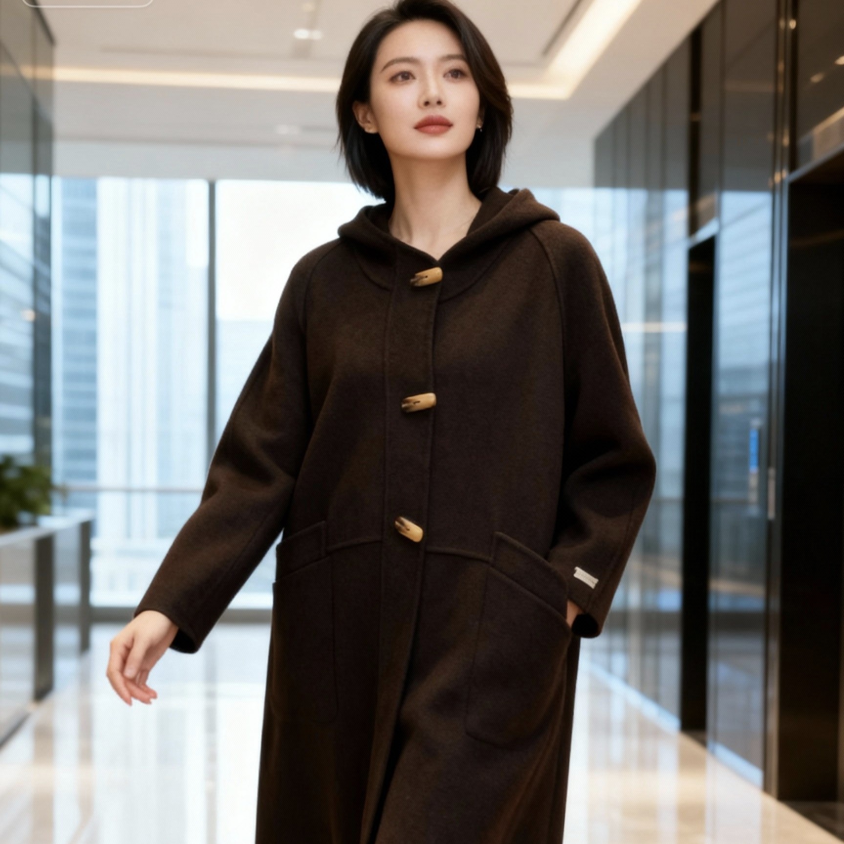 全羊毛牛角扣双面呢大衣