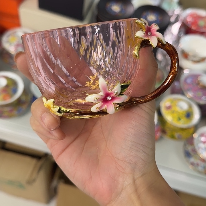 高硼硅花朵咖啡杯一个粉色