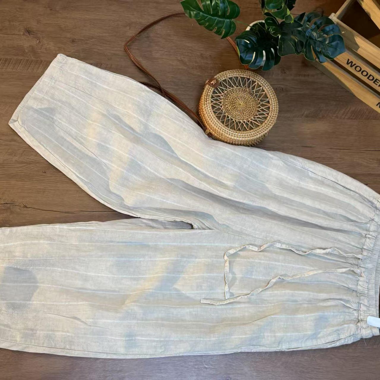 【云目悠悠】春夏季汉麻百搭松紧腰麻本色条纹老爹裤-2025132