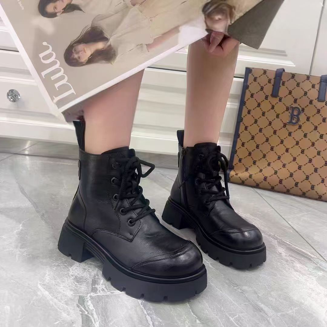 6-6359   新款时尚百搭粗跟圆头秋冬马丁靴加绒