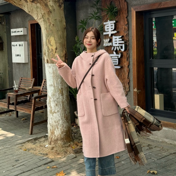 【腻腻专属】冬季新款宽松气质连帽双面呢大衣女款穿搭