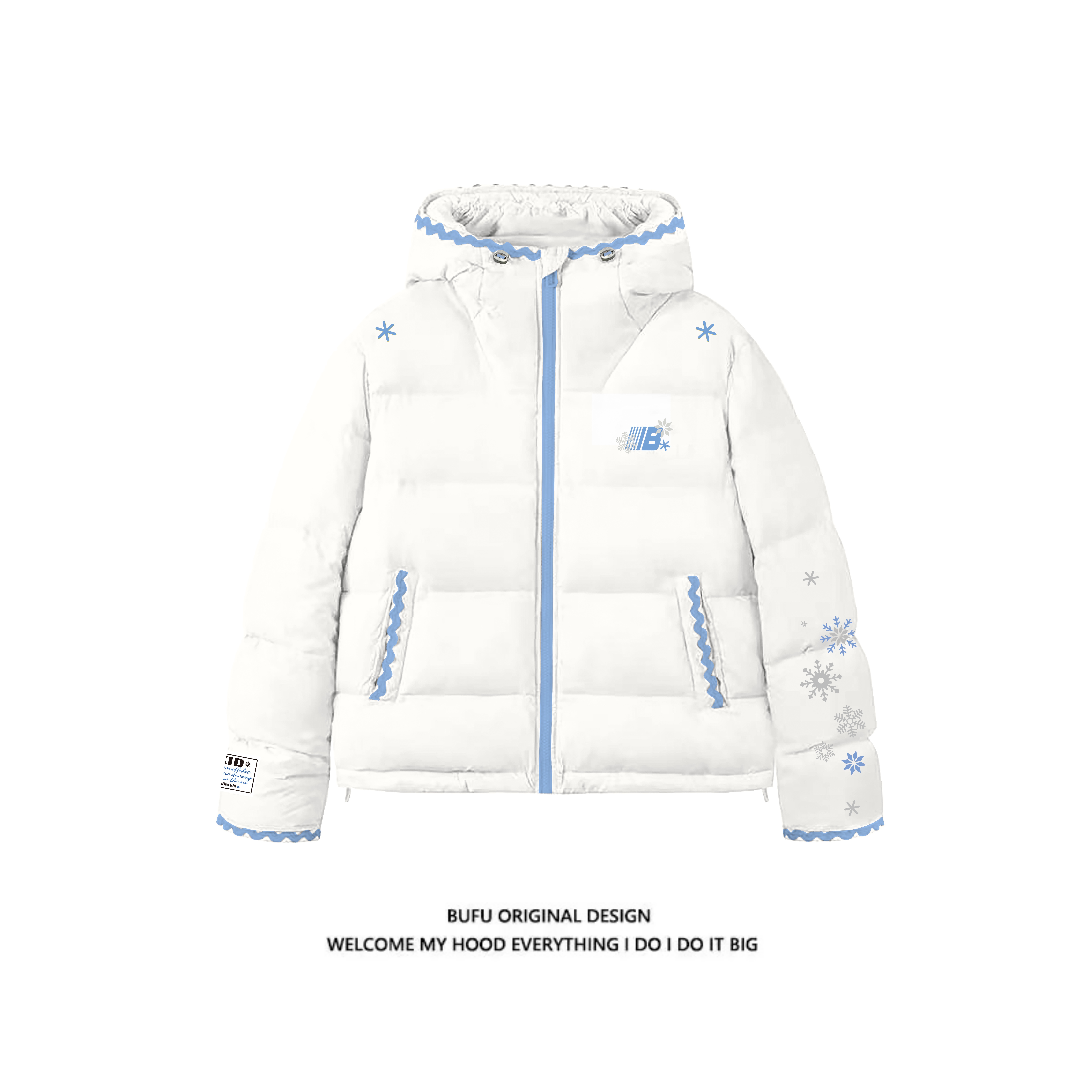 亿万少年BUFU美式贝壳绣加厚连帽外套棉衣男女冬季情侣款宽松棉服