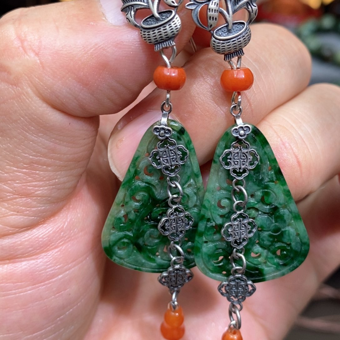 翡翠耳饰银S925镶嵌漂亮美眉