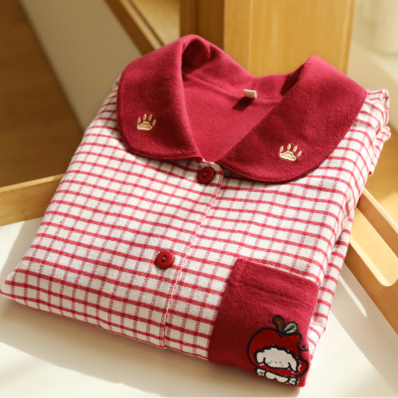 女士纯棉磨毛睡衣秋冬季简约磨毛休闲家居服长袖可外穿套装258619