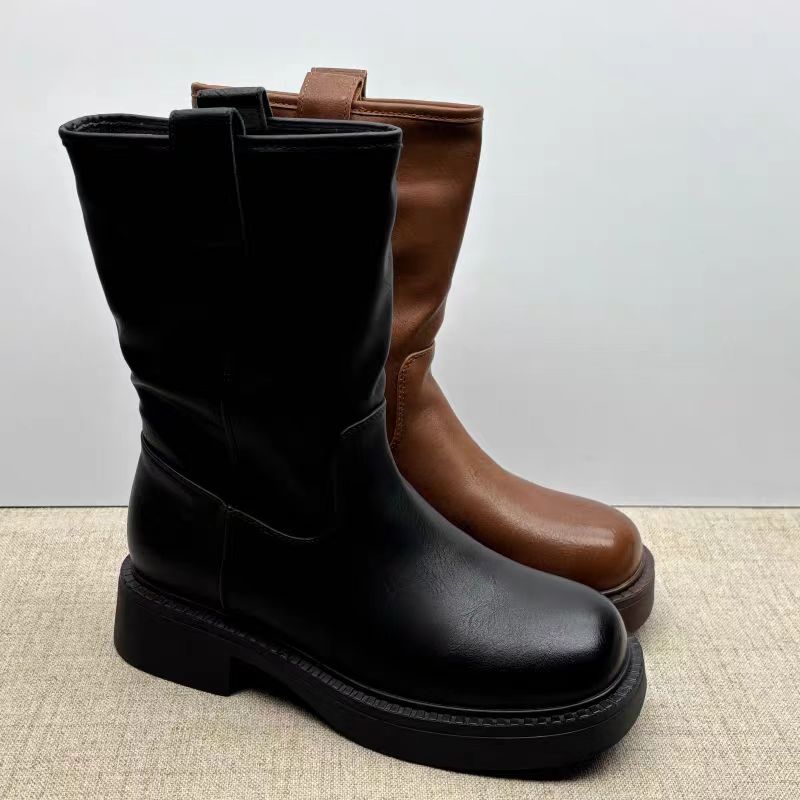 W6827女英伦风皮靴中筒女靴气质靴子骑士靴复古舒适女鞋加棉