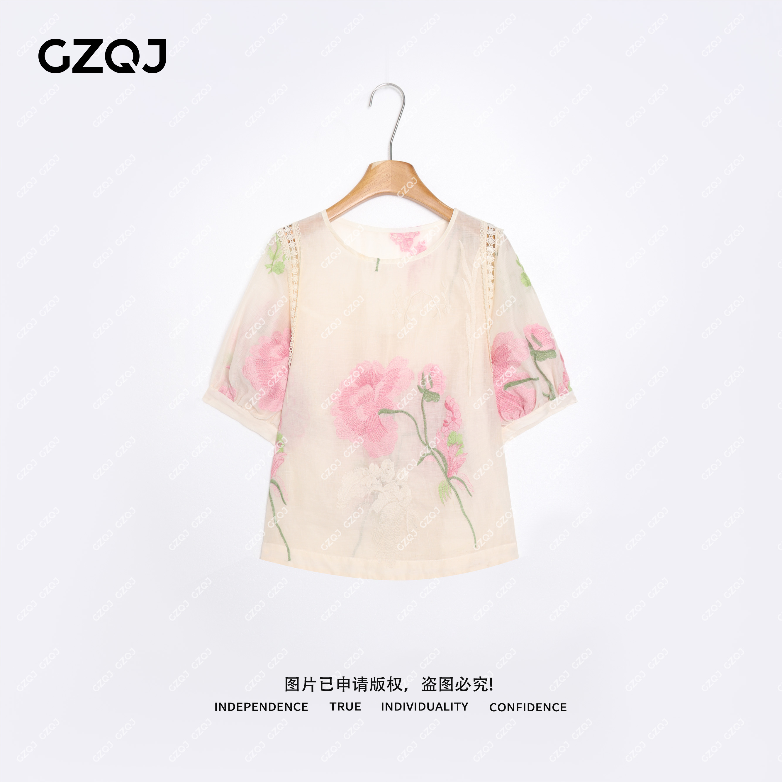 老琴私服【蔷薇少女】100%苎麻原创设计师重工刺绣短袖衬衫女夏9119