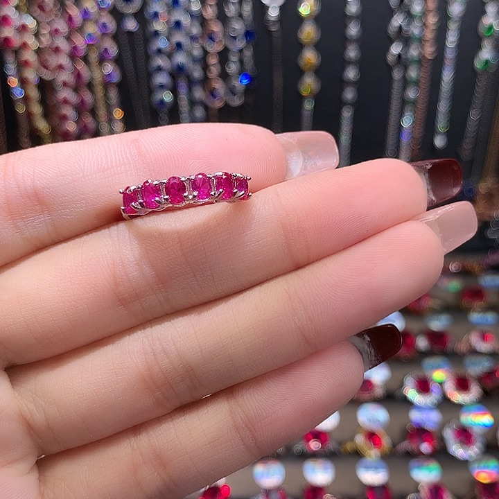 红宝石戒指银S925镶嵌白