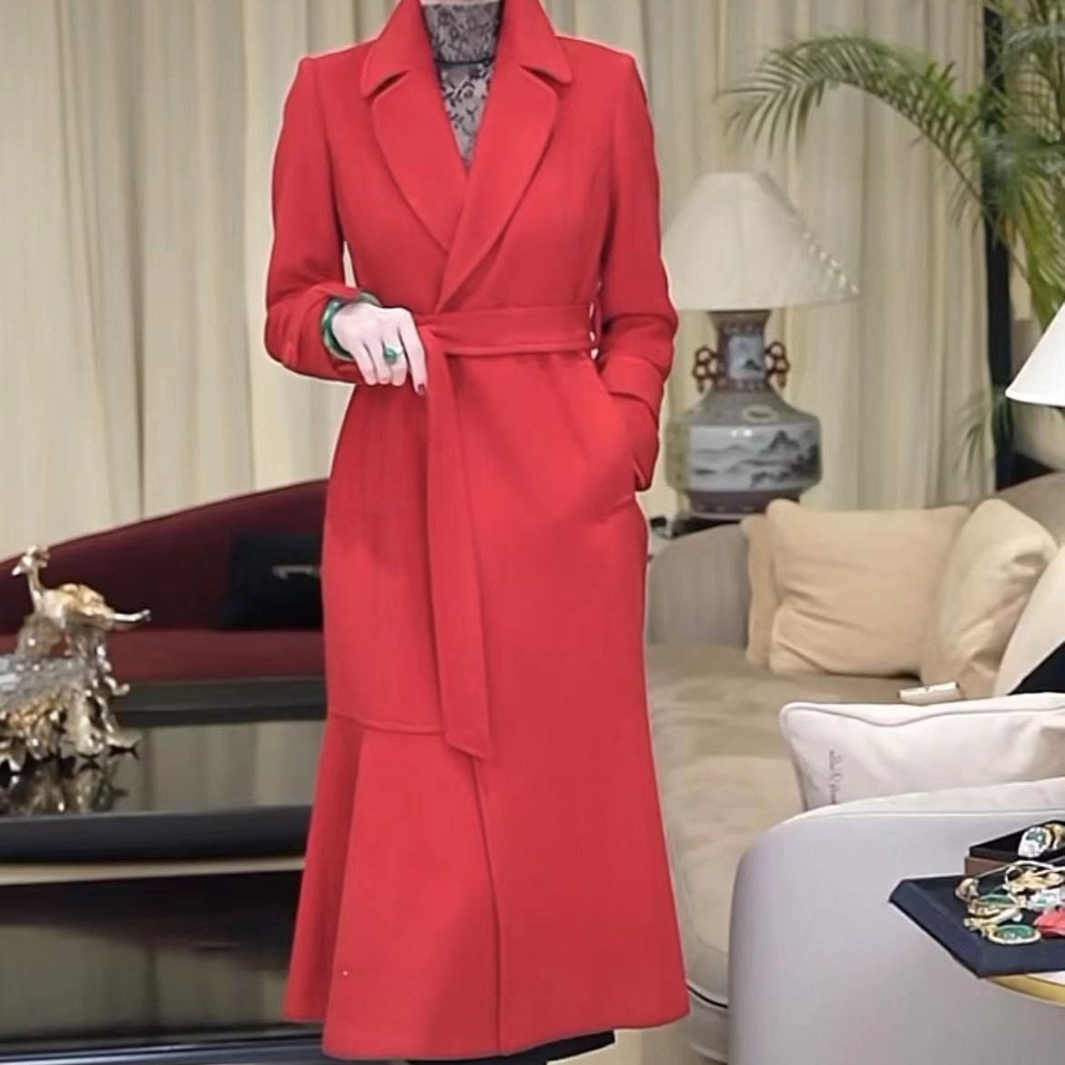 EDFNOT/杨红霞汝意HY红色半鱼尾大衣优雅大气时尚经典款