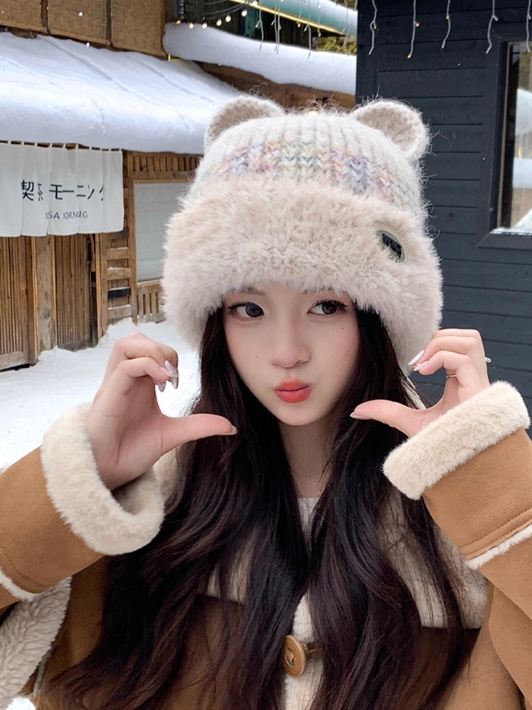 冬季加绒保暖套头帽子女毛绒小熊显脸小针织帽户外防寒护耳毛线帽