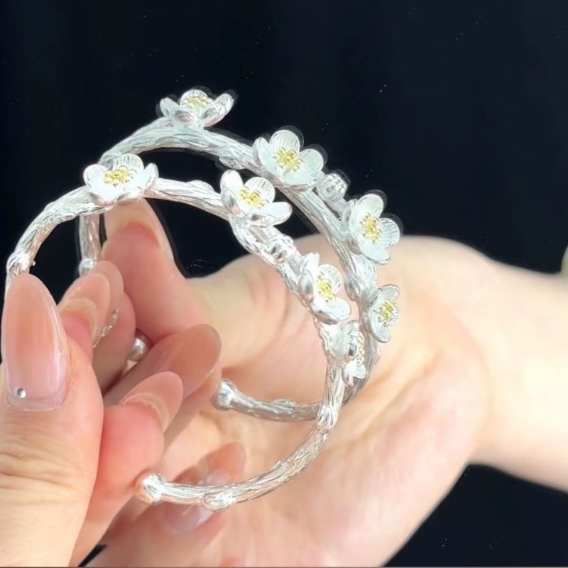 足银手镯 足银20号【喜上枝头】足银999手镯实心开口19g