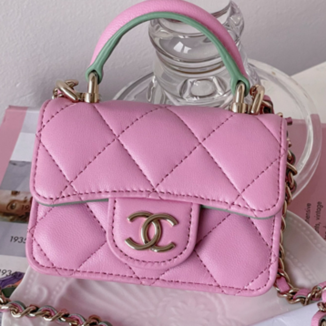 99新 Chanel/香奈儿 粉色mini手柄链条包芯片票据工JM2TH61-0037
