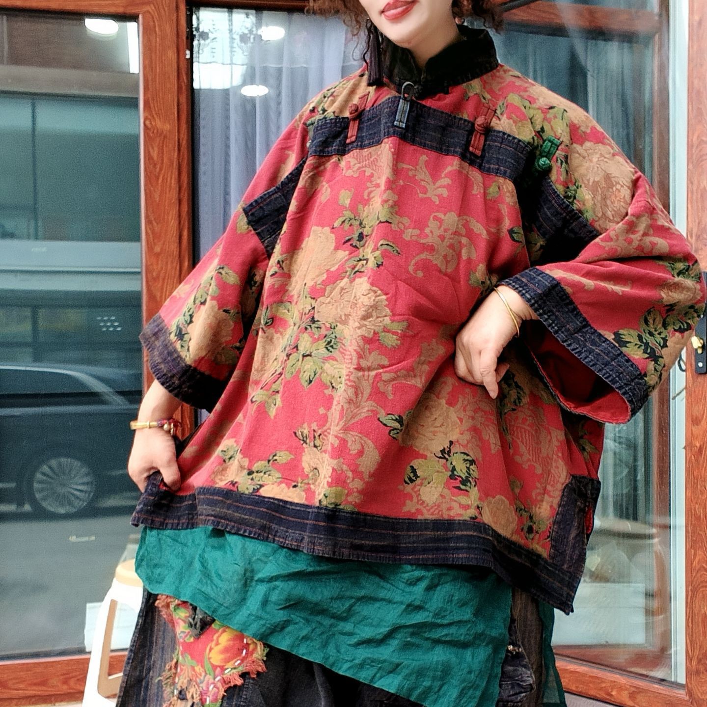 无吊牌做旧红花拼老布立盘扣双层衫，老布部位色随机发介意勿拍