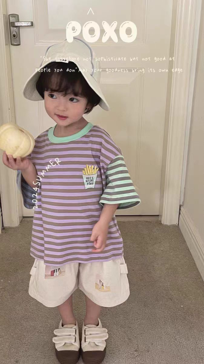 Poxo手绘印花条纹t恤