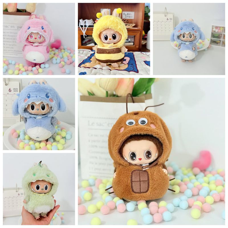 labubu坐坐派对17cm娃衣一二三代拉布布头套可爱立体鲨鱼恐龙衣服