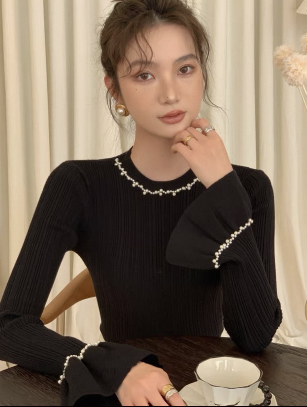 黑色小香风打底衫女秋冬高级感2025新款冬季内搭法式针织9262#