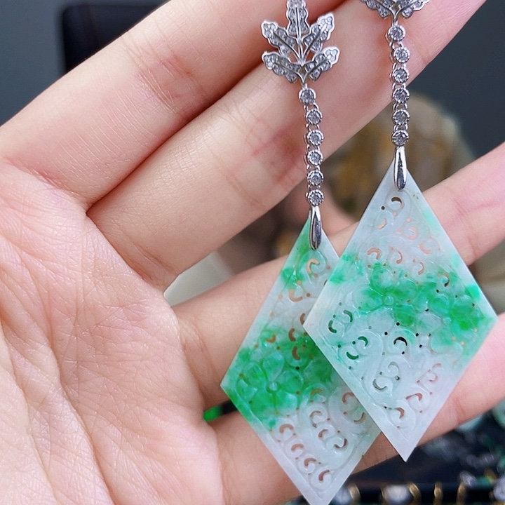 翡翠耳饰银S925镶嵌饰品