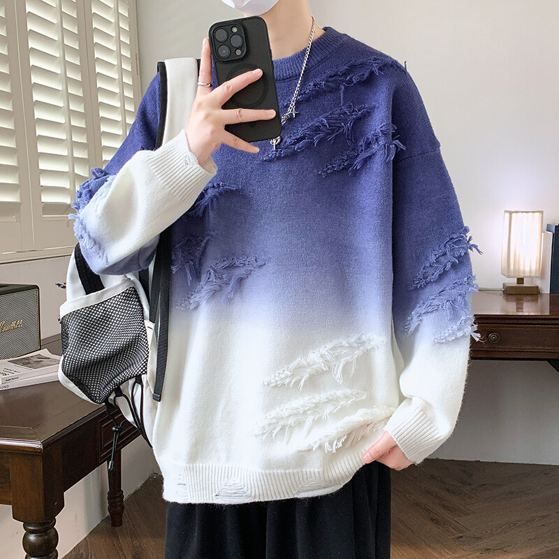 2025秋冬新款加绒毛衣男针织衫宽松潮港风个性ins扎染渐变色线衣