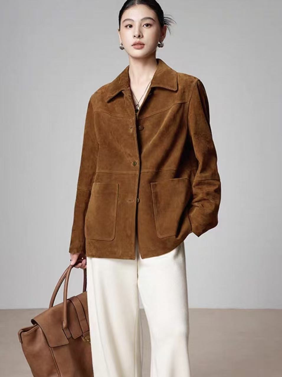 2025进口混种羊绒面高奢感真皮复古港风中长款女式皮衣短款外套