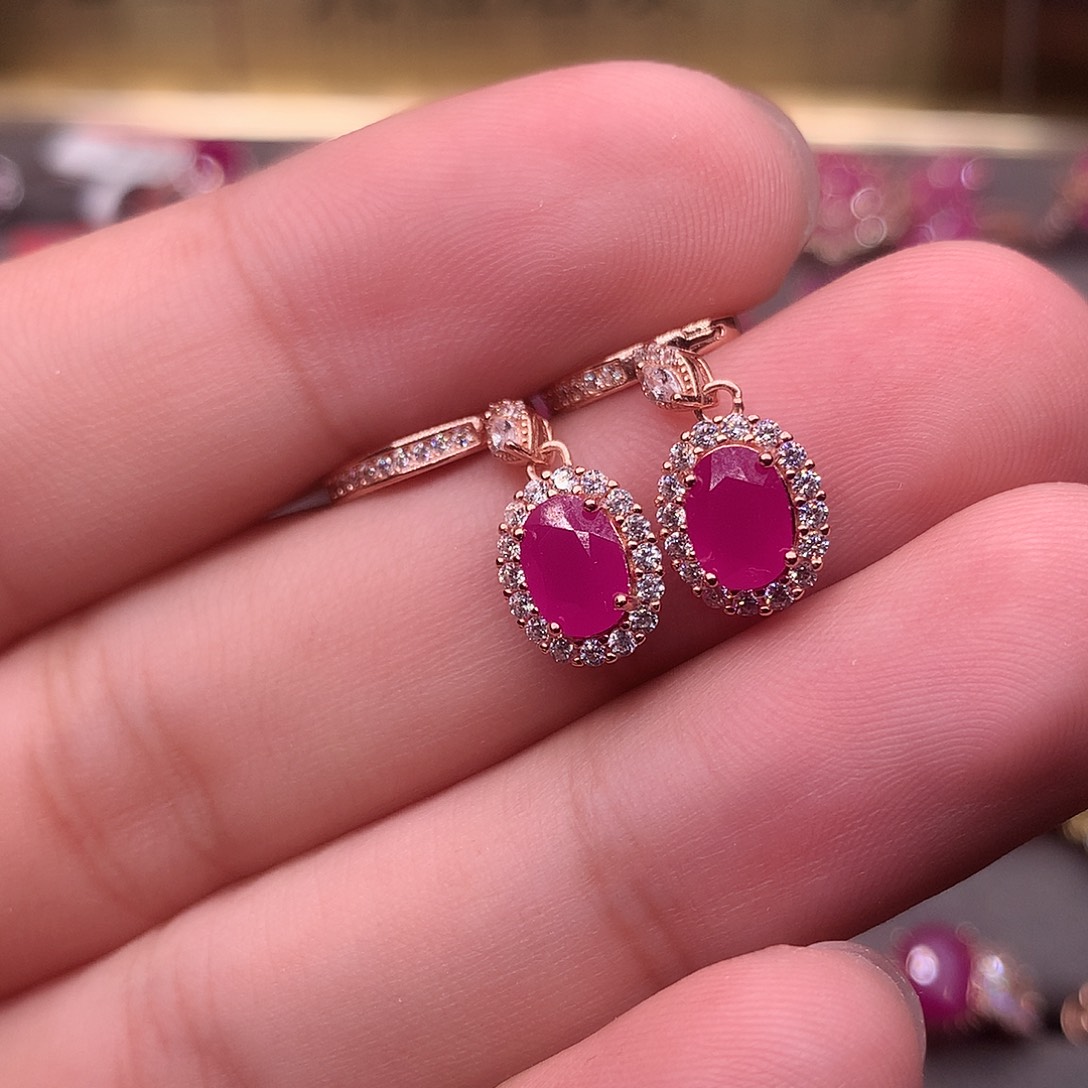 红宝石耳饰银S925镶嵌