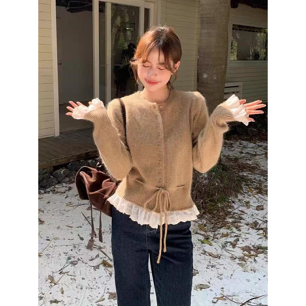 韩系温柔风蕾丝拼接长袖毛衣外套秋冬款抽绳收腰显瘦针织上衣220