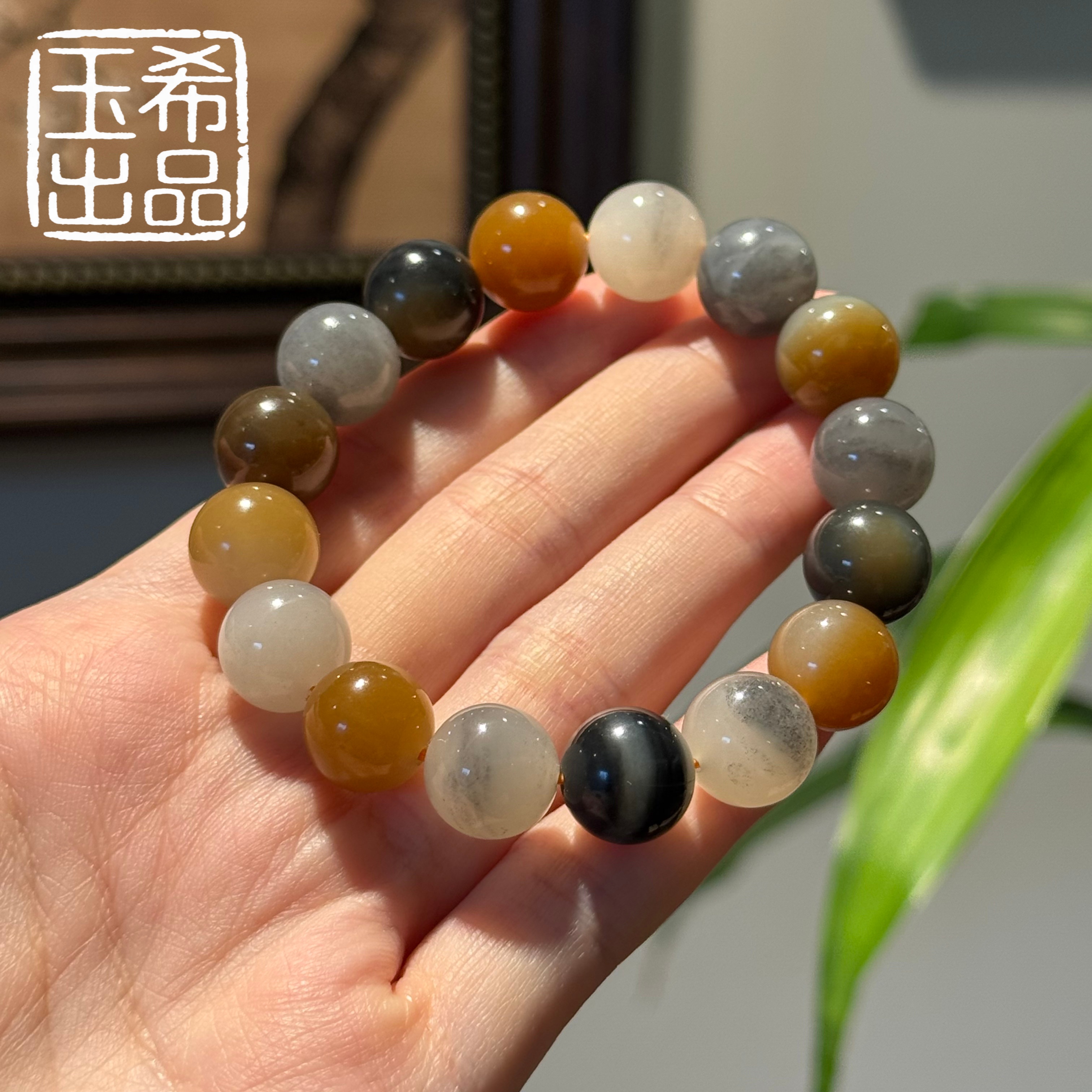 珍藏级 和田玉 新疆楼兰三色 圆珠手串 12+mm 