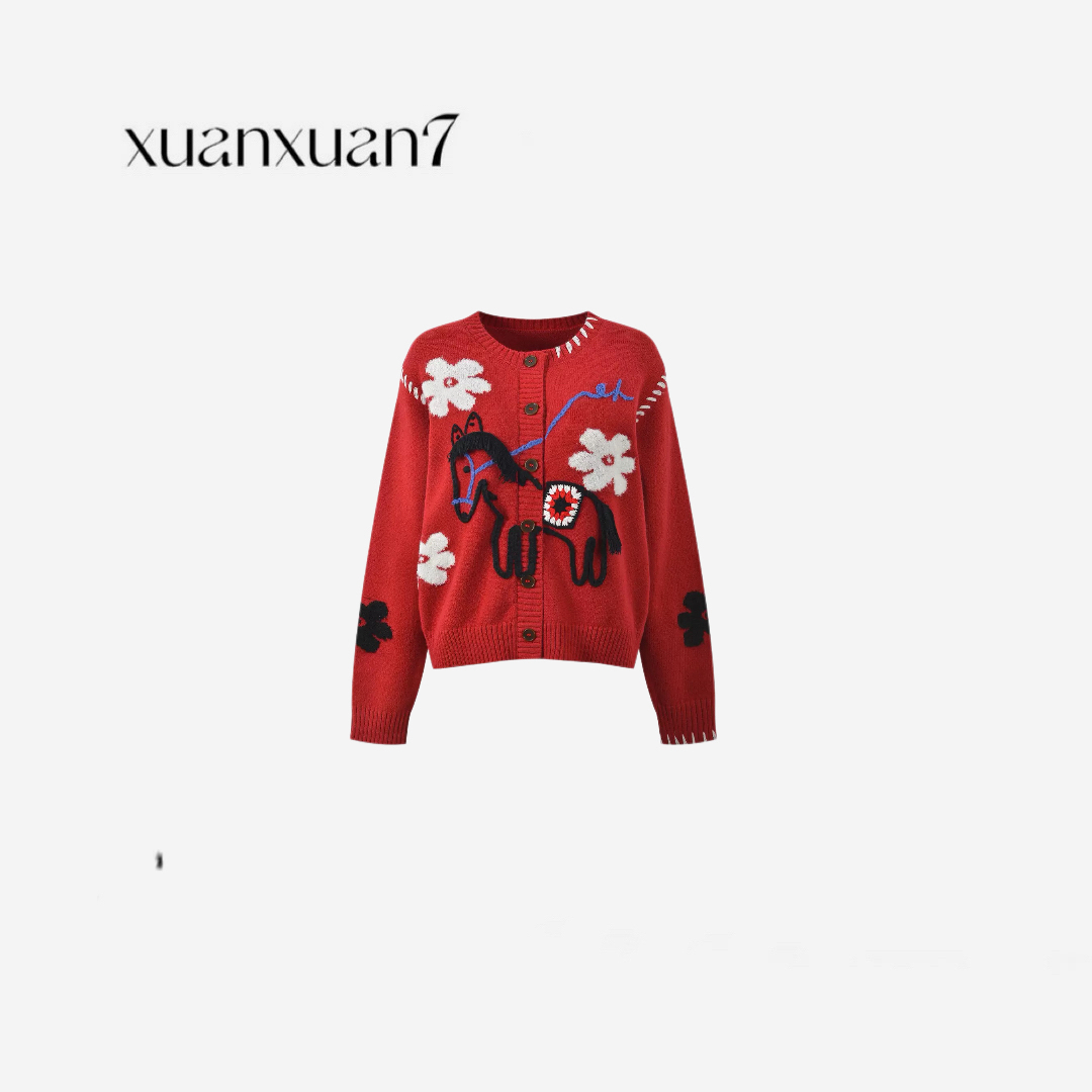 萱萱7【冬季红色卡通小马刺绣宽松百搭针织开衫女装】