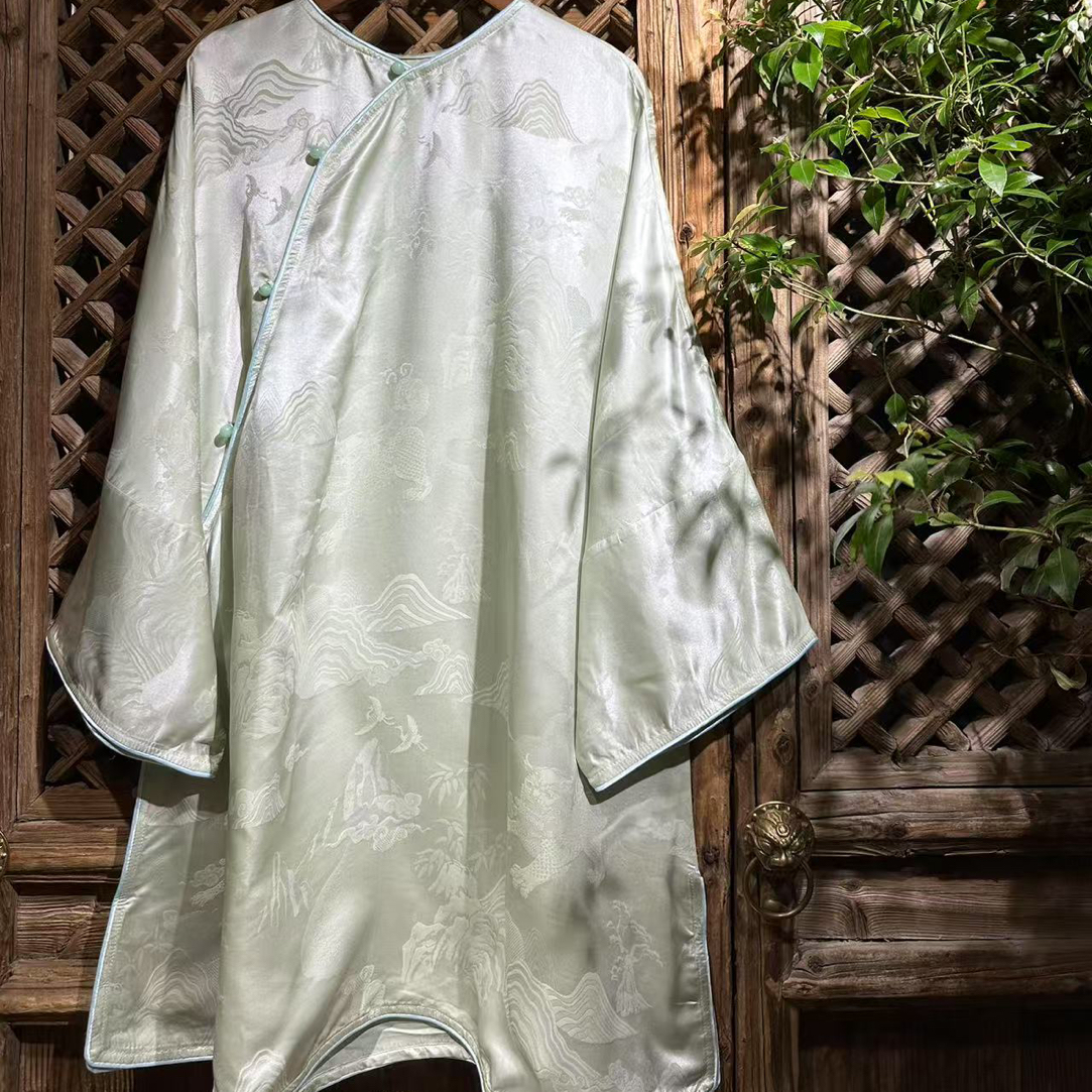 岚盈栖2518狮子提花缎国风圆领倒大袖中式圆领太太服中国风新中式