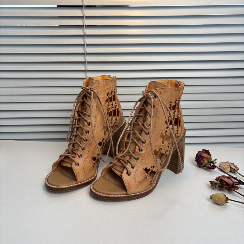 新款凉鞋系镂空露趾复古真皮中跟罗马凉鞋高跟鞋MT628棕色靴子