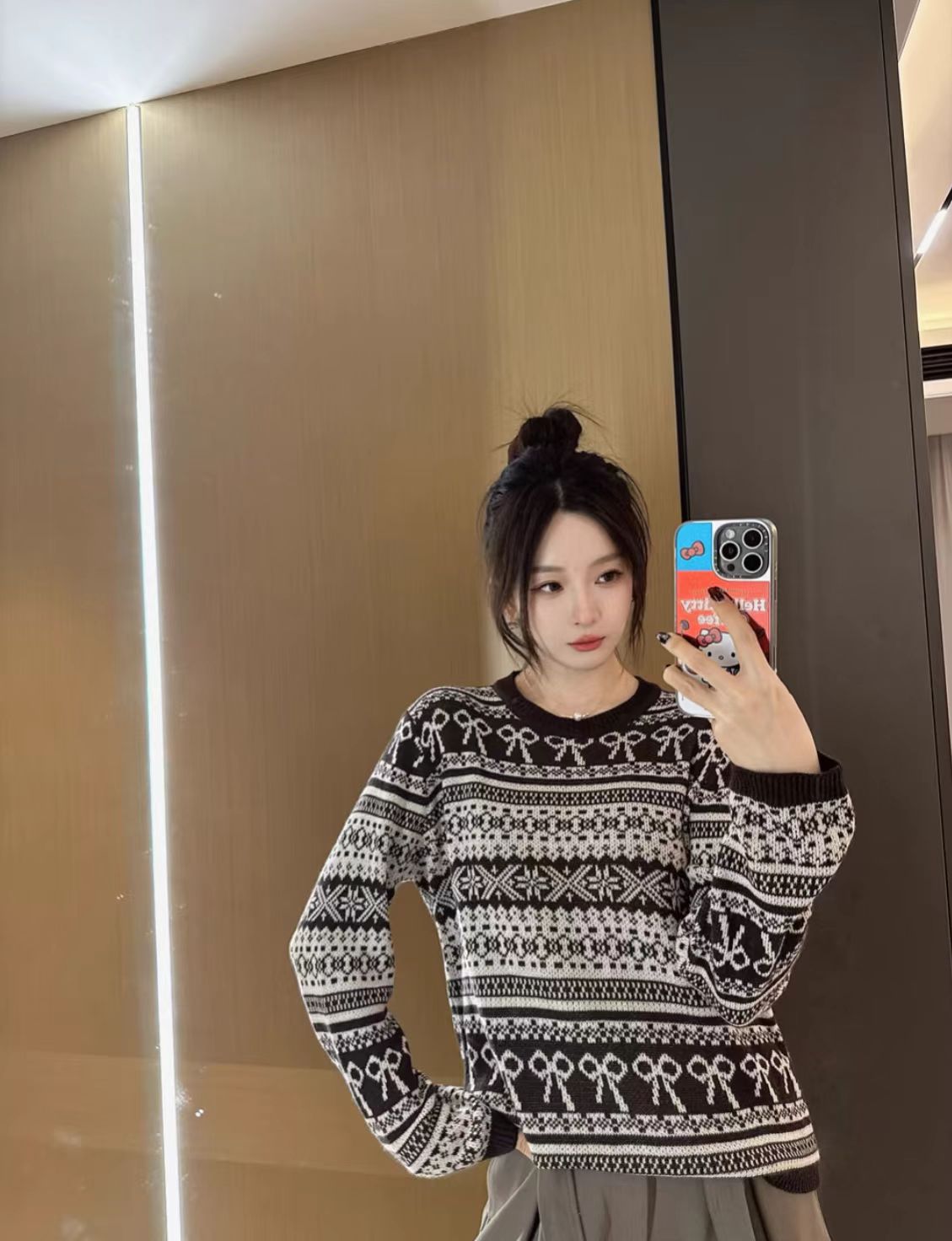 秋冬新款长袖拼色条纹民族提花圆领针织衫毛衣设计感气质B136#