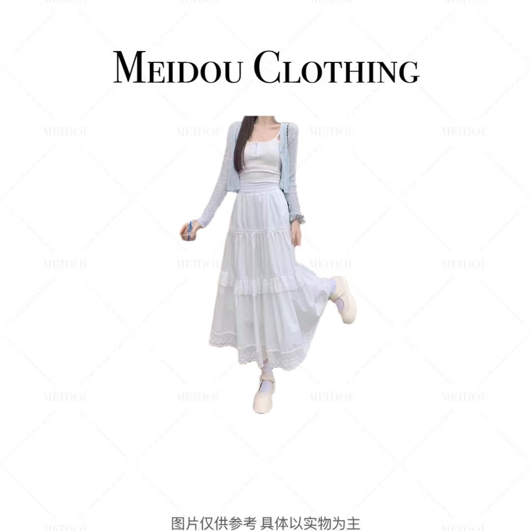 MEIDOU-2519【蕾丝蛋糕裙 】白色中长款高腰a字裙显瘦蓬蓬半身裙