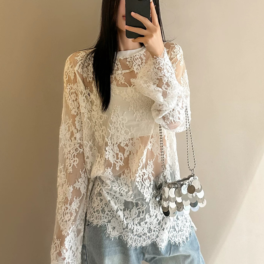 现货正品 设计师品牌不费力时髦 蕾丝镂空长袖T恤买手店