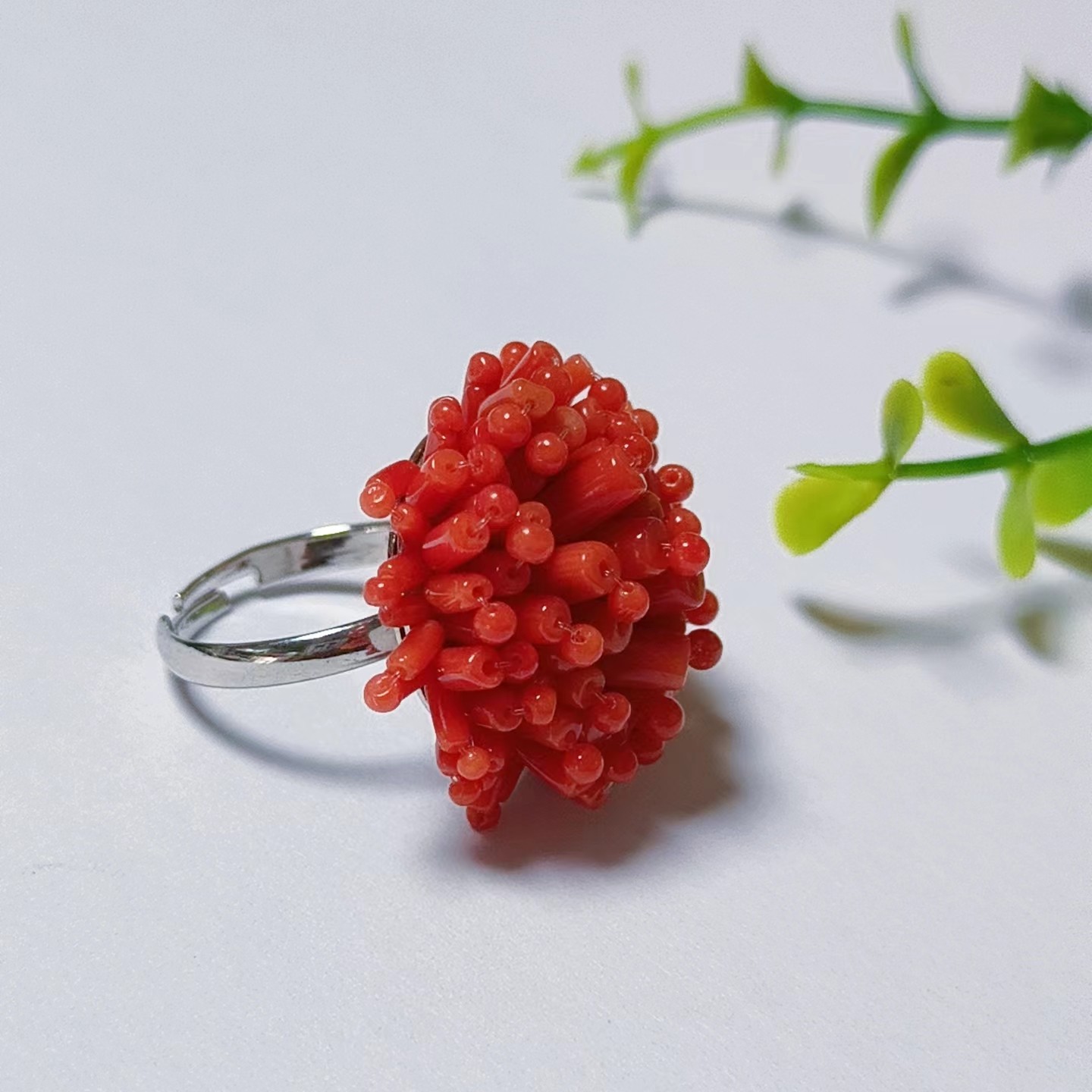 珊海皇朝天然红珊瑚戒指开口毛毛球戒指精美气质经典多样性发一