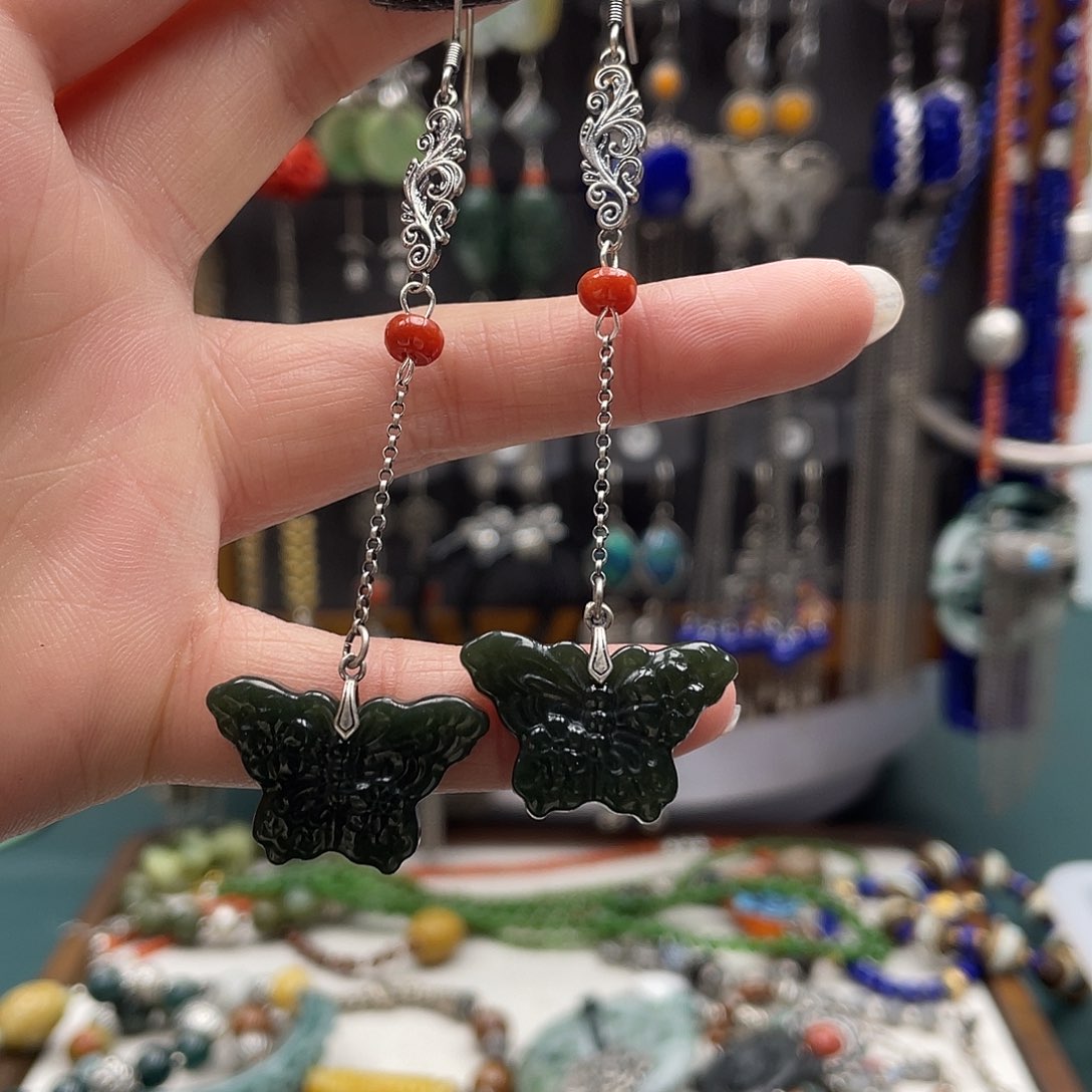 和田玉耳饰银S925镶嵌饰品